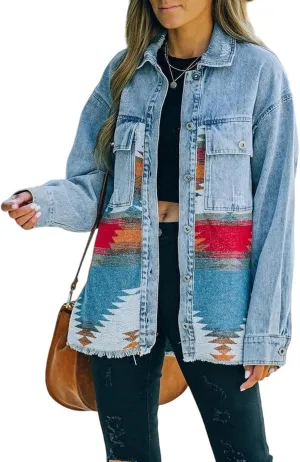 Perbai Womens Vintage Oversized Lapel Button Down Aztec Print Denim Shacket Jacket