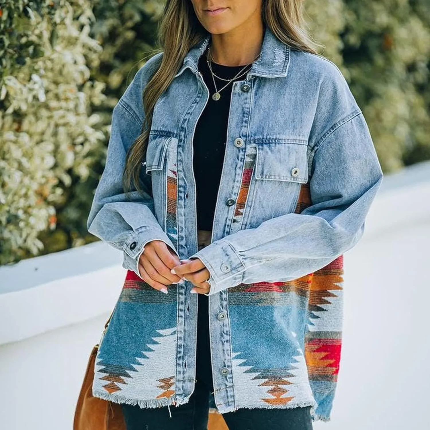 Perbai Womens Vintage Oversized Lapel Button Down Aztec Print Denim Shacket Jacket