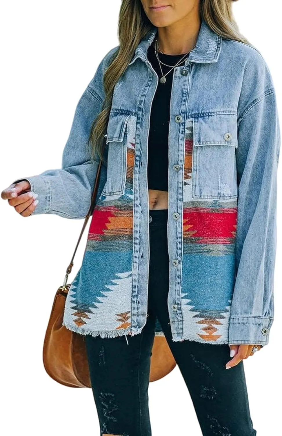 Perbai Womens Vintage Oversized Lapel Button Down Aztec Print Denim Shacket Jacket