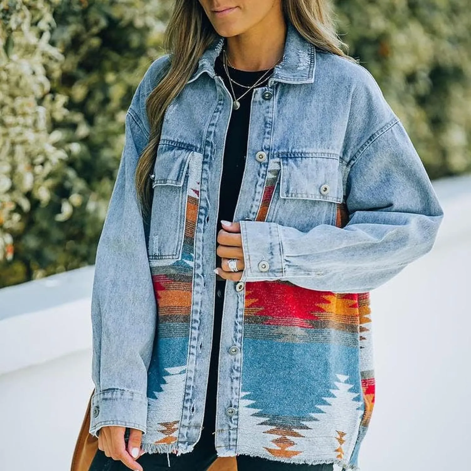 Perbai Womens Vintage Oversized Lapel Button Down Aztec Print Denim Shacket Jacket