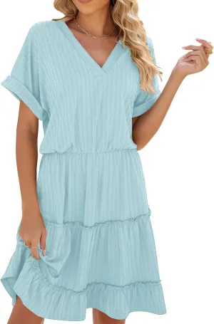 PerZeal Women's Casual V Neck Short Sleeve Tiered Dress Ruffle Hem A-Line Flowy Swing Midi Dresses