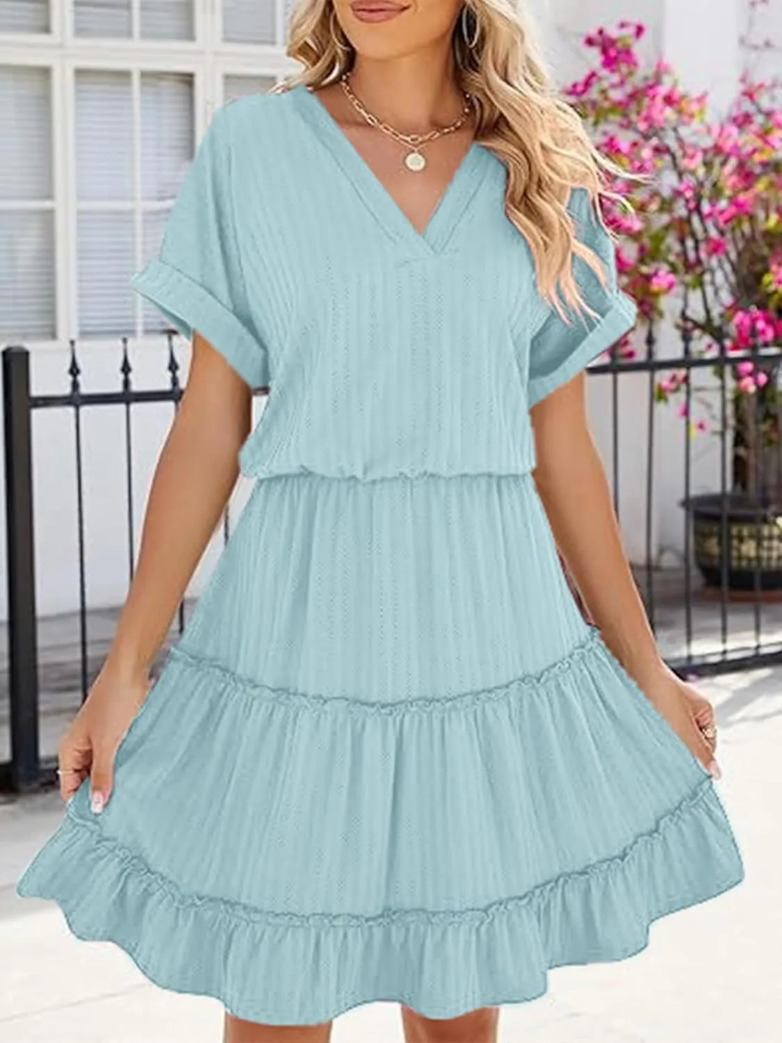 PerZeal Women's Casual V Neck Short Sleeve Tiered Dress Ruffle Hem A-Line Flowy Swing Midi Dresses
