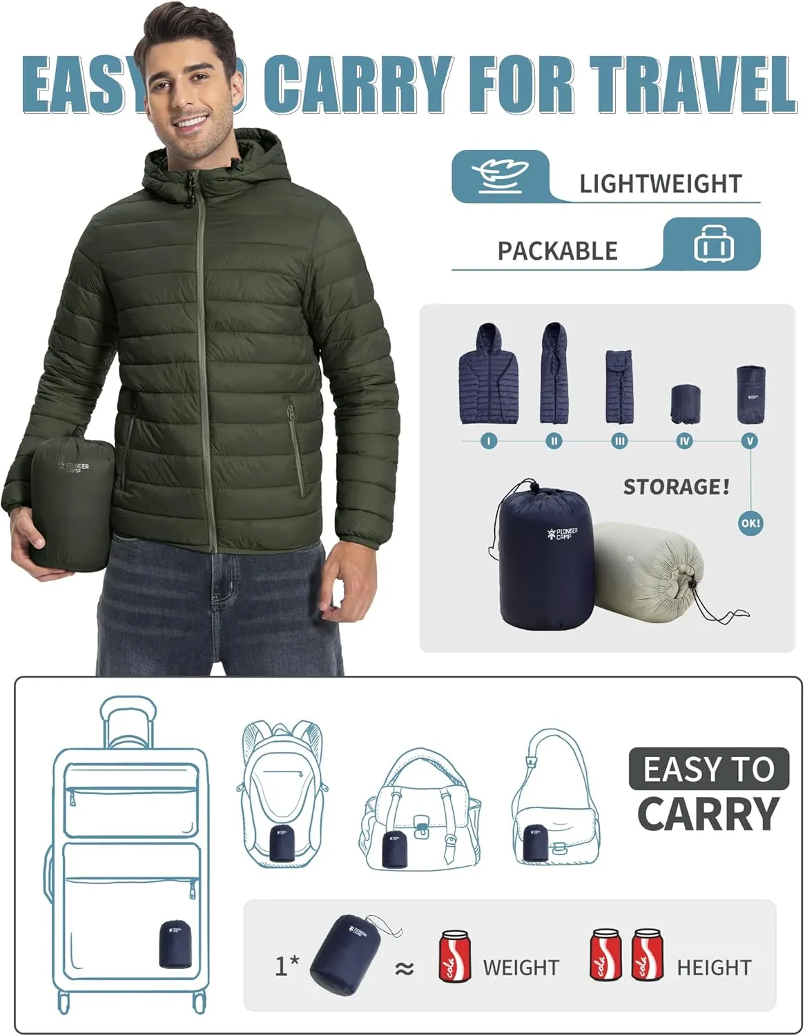 Pioneer Camp Mens Lightweight Packable Puffer Jacket Hooded Insulated Thermal Puffy Winter Jackets for Running Travel