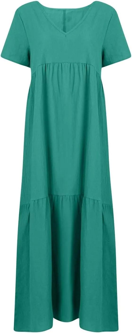 Plus Size Dress for Women V Neck Short Sleeve Linen Summer Dress Loose Casual Tiered Pleated Flowy Maxi Dresses