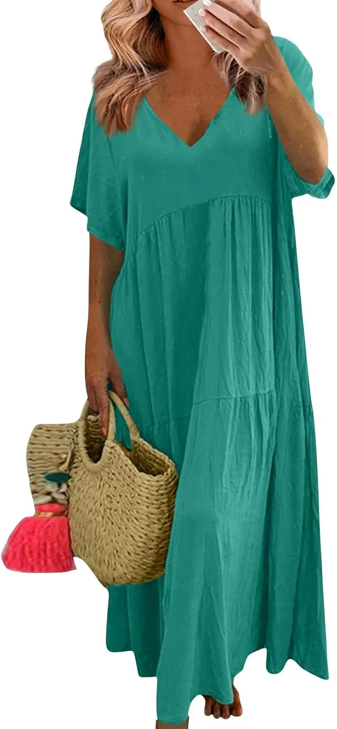Plus Size Dress for Women V Neck Short Sleeve Linen Summer Dress Loose Casual Tiered Pleated Flowy Maxi Dresses