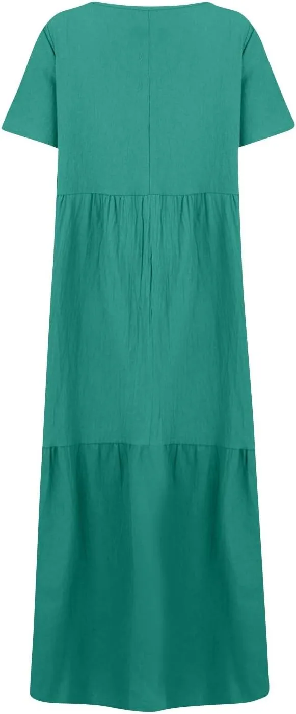 Plus Size Dress for Women V Neck Short Sleeve Linen Summer Dress Loose Casual Tiered Pleated Flowy Maxi Dresses