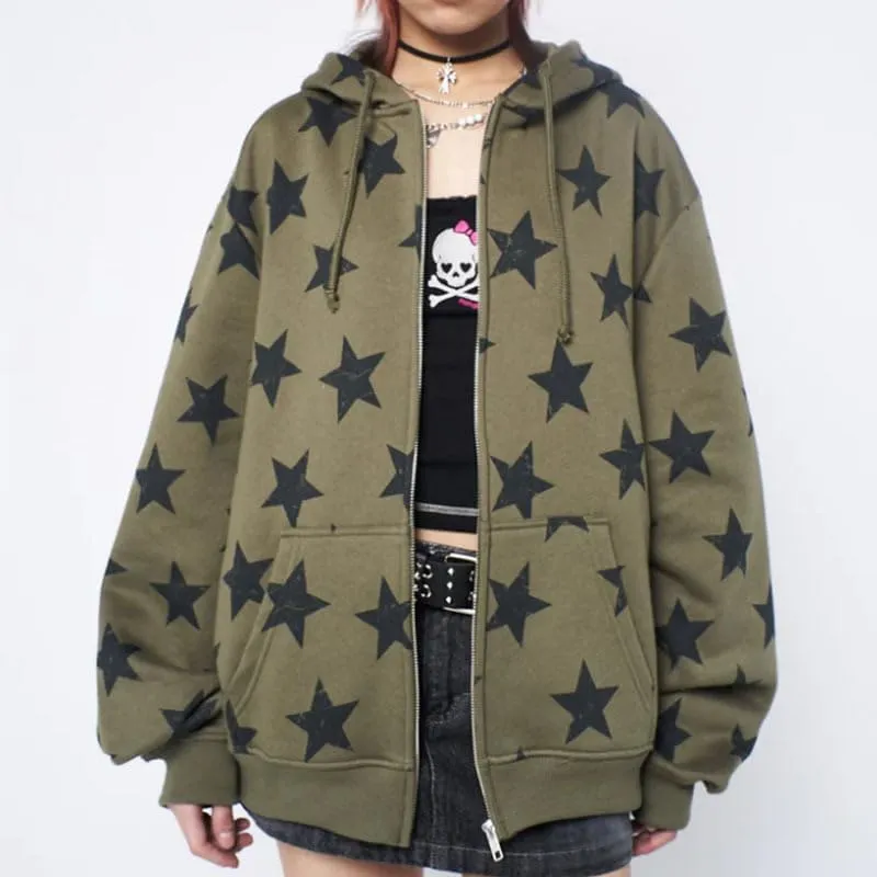 Pooyikoi Women Y2k Zip Up Hoodies Star Graphic Jackets Hip Hop Harajuku Oversized Hooded Sweatshirt Aesthetic Streetwear