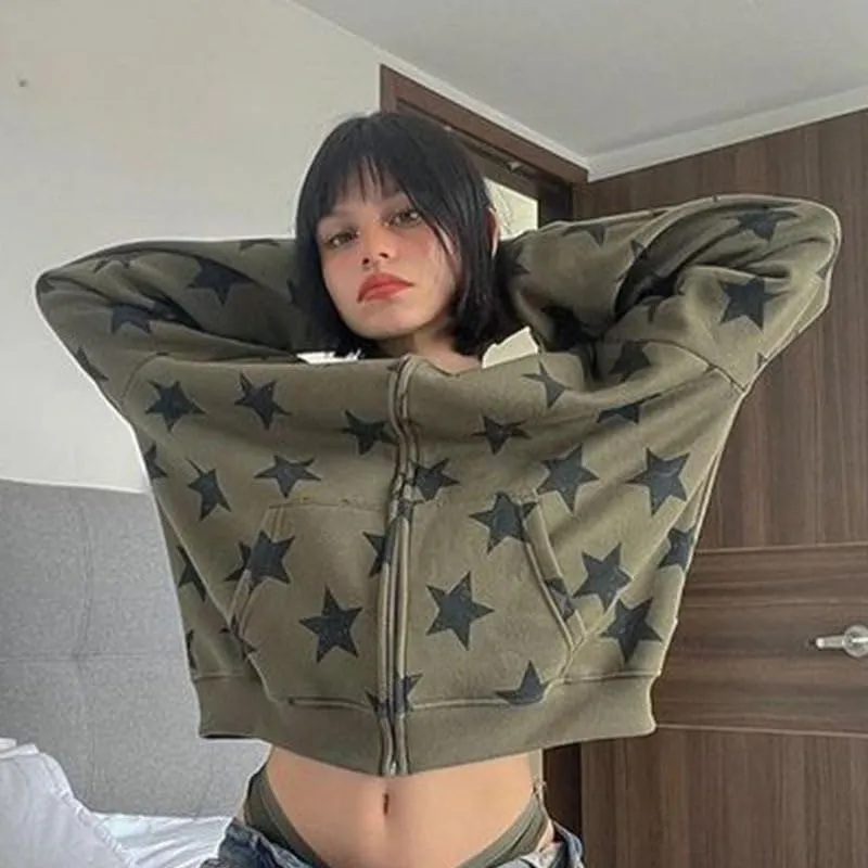 Pooyikoi Women Y2k Zip Up Hoodies Star Graphic Jackets Hip Hop Harajuku Oversized Hooded Sweatshirt Aesthetic Streetwear