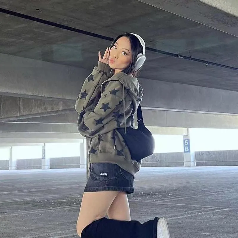 Pooyikoi Women Y2k Zip Up Hoodies Star Graphic Jackets Hip Hop Harajuku Oversized Hooded Sweatshirt Aesthetic Streetwear