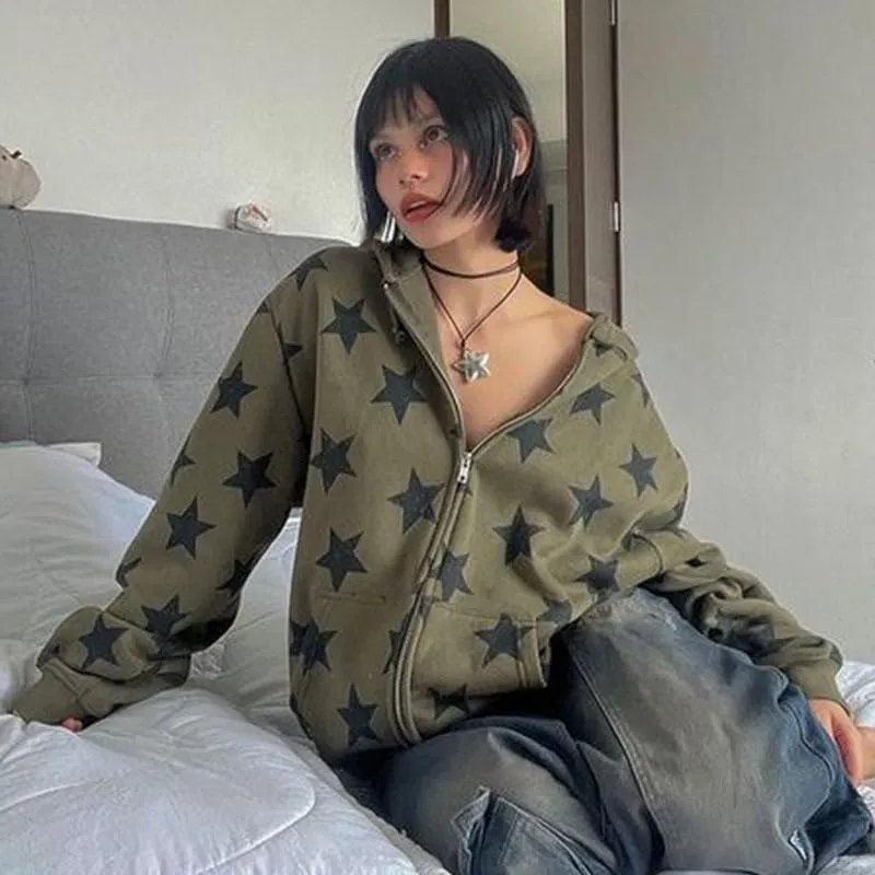 Pooyikoi Women Y2k Zip Up Hoodies Star Graphic Jackets Hip Hop Harajuku Oversized Hooded Sweatshirt Aesthetic Streetwear