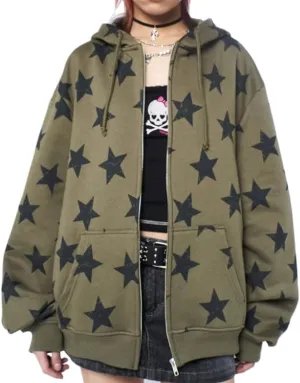 Pooyikoi Women Y2k Zip Up Hoodies Star Graphic Jackets Hip Hop Harajuku Oversized Hooded Sweatshirt Aesthetic Streetwear