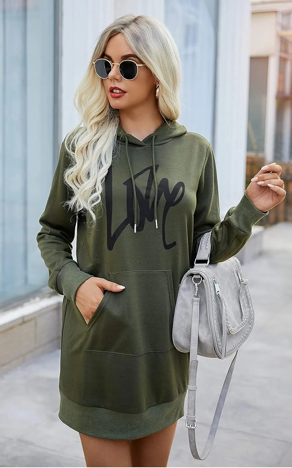 PRETTYGARDEN Women's Hooded Sweatshirt Fall Fashion Drawstring Lightweight Long Sleeve Pullover Hoodie Dress