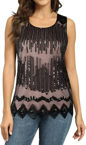 PrettyGuide Women's Sequin Top Flowy Sparkly Cocktail Tank Party Dressy Tops