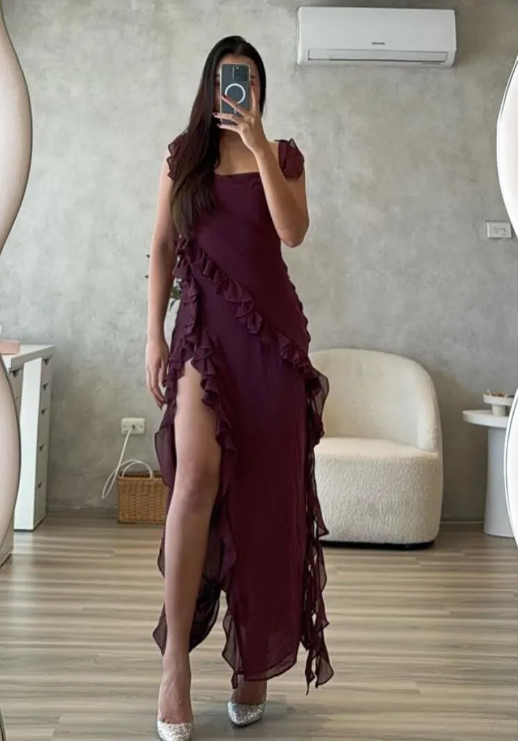 Raseal Chiffon Ruffles Bridesmaid Dress Long Mermaid Wedding Guest Dress with Slit RS179