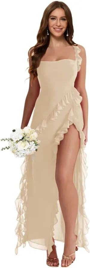 Raseal Chiffon Ruffles Bridesmaid Dress Long Mermaid Wedding Guest Dress with Slit RS179