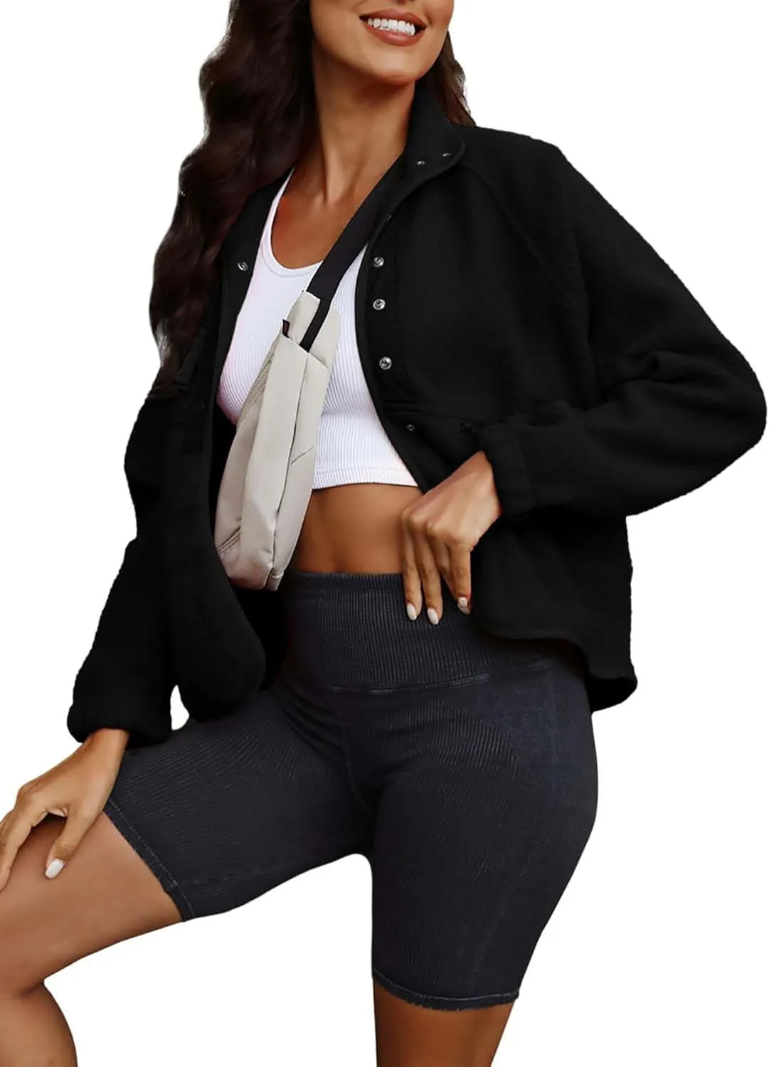 ReachMe Womens Sherpa Jacket Casual Lapel Button Down Cropped Fuzzy Fleece Jackets Long Sleeve Winter Coats with Pockets