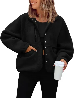 ReachMe Womens Sherpa Jacket Casual Lapel Button Down Cropped Fuzzy Fleece Jackets Long Sleeve Winter Coats with Pockets