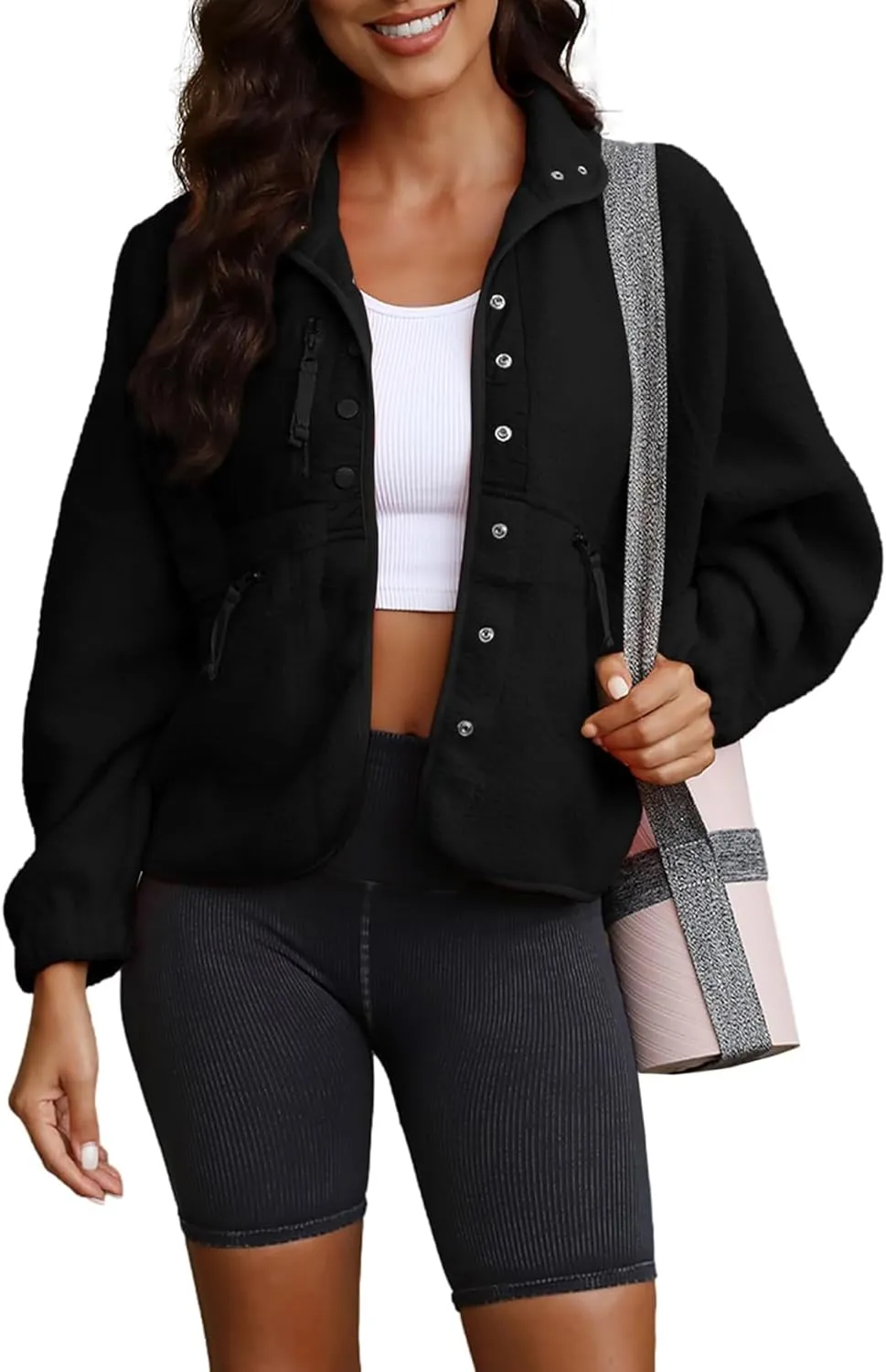 ReachMe Womens Sherpa Jacket Casual Lapel Button Down Cropped Fuzzy Fleece Jackets Long Sleeve Winter Coats with Pockets