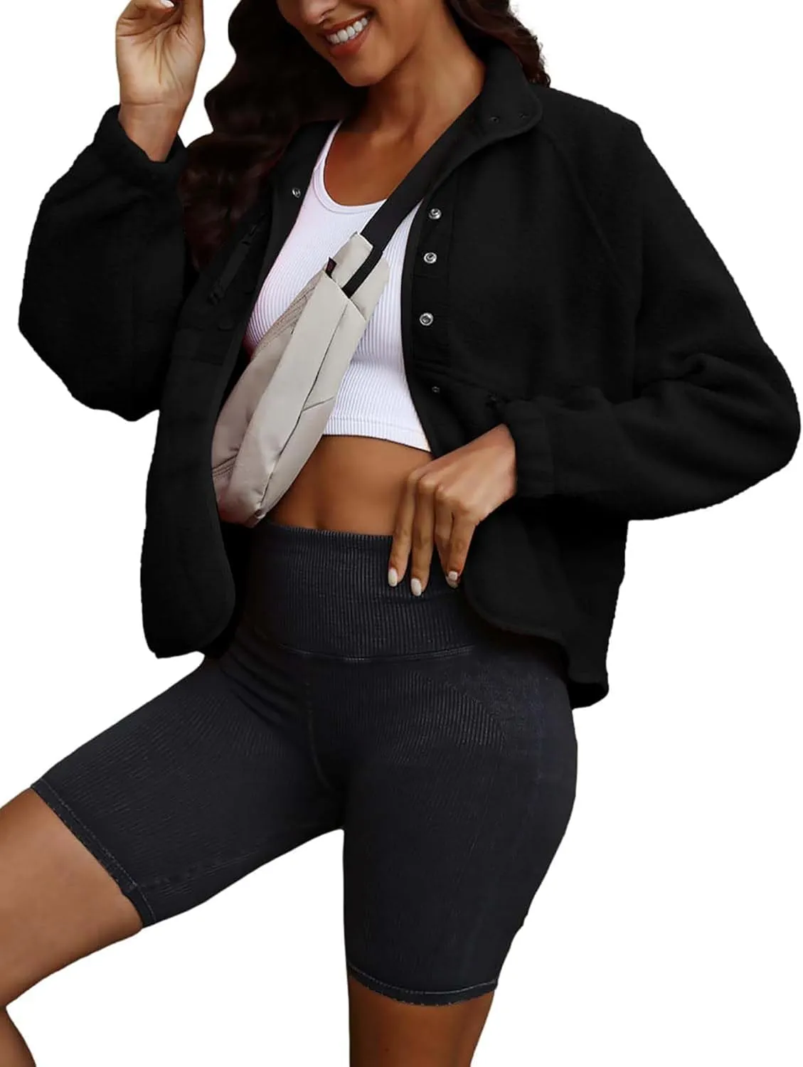 ReachMe Womens Sherpa Jacket Casual Lapel Button Down Cropped Fuzzy Fleece Jackets Long Sleeve Winter Coats with Pockets