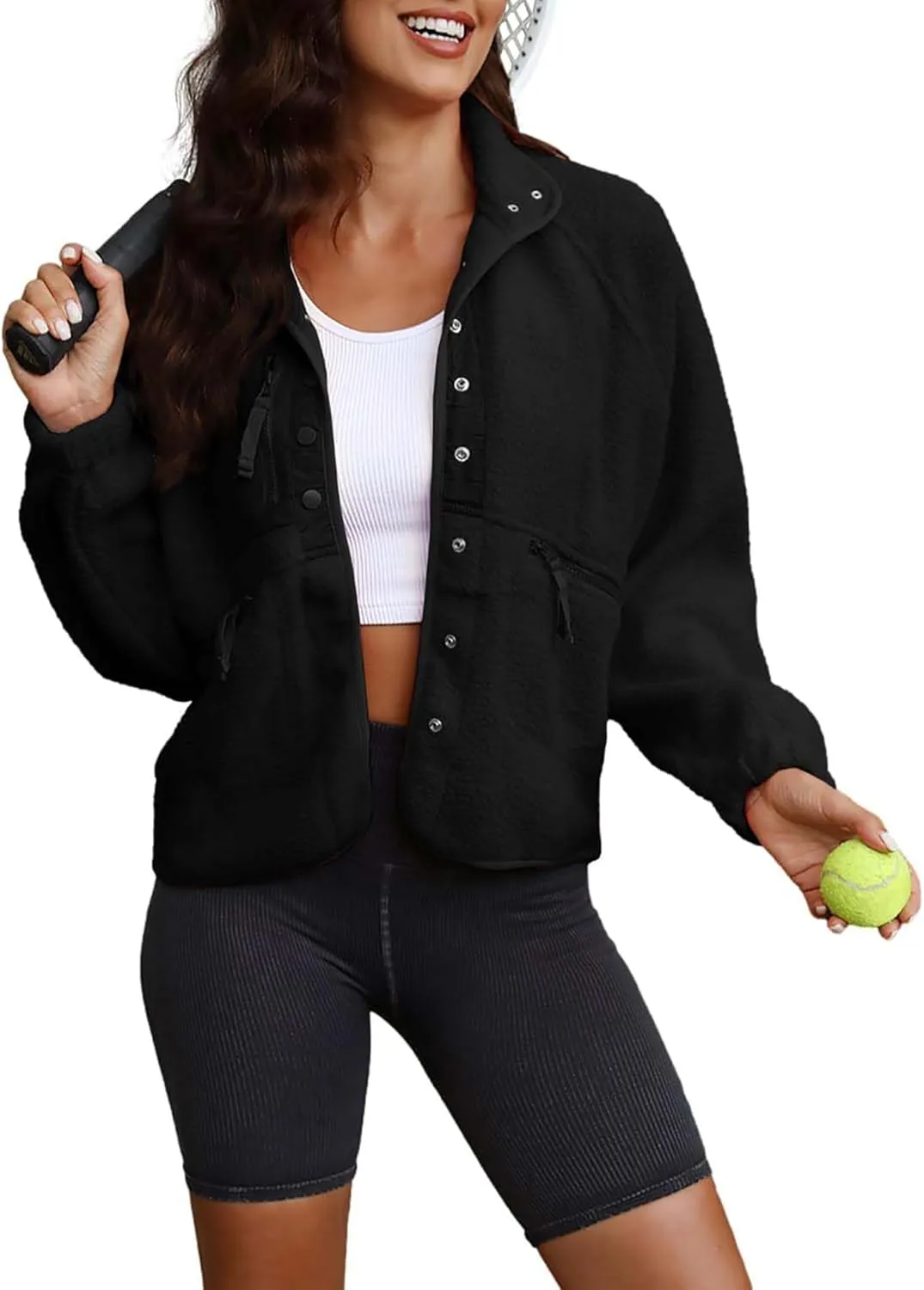 ReachMe Womens Sherpa Jacket Casual Lapel Button Down Cropped Fuzzy Fleece Jackets Long Sleeve Winter Coats with Pockets