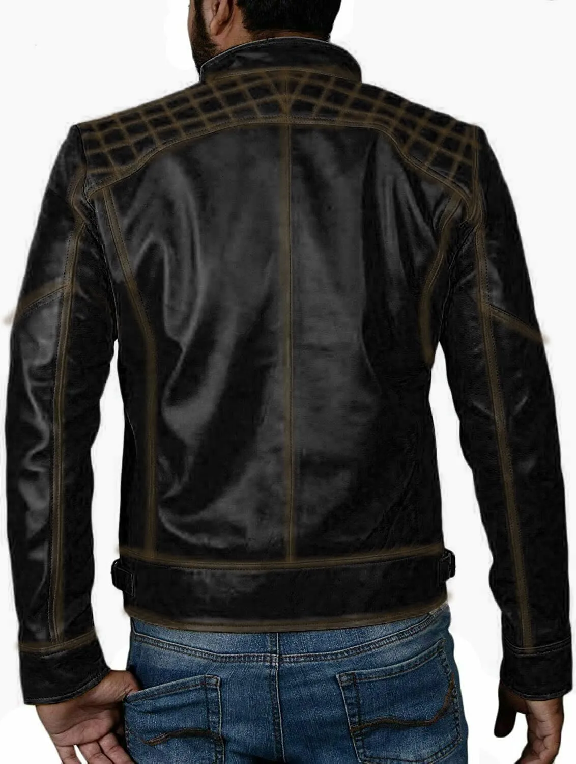 Real Lambskin Leather Biker Jacket - Quilted Cafe Racer Zip Up Moto Jackets Men Moto Jacket Men for Bikers