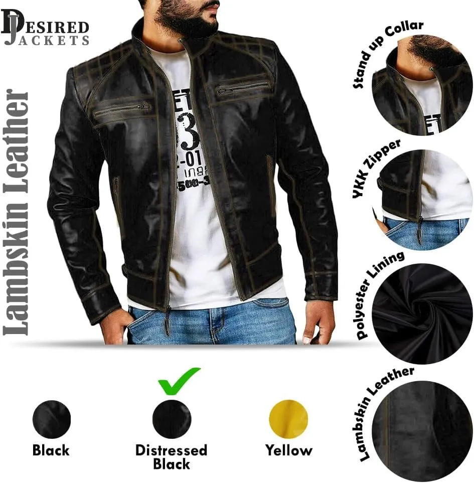 Real Lambskin Leather Biker Jacket - Quilted Cafe Racer Zip Up Moto Jackets Men Moto Jacket Men for Bikers