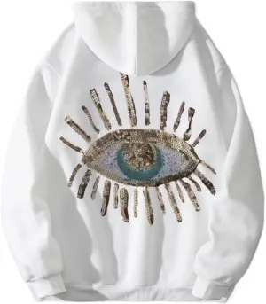 RICHTRUE Sequin Evil Eye Hoodies Y2k Eyelashes Printed Pullover Hoodie Oversized Hooded Sweatshirt Women Graphic Hoodies