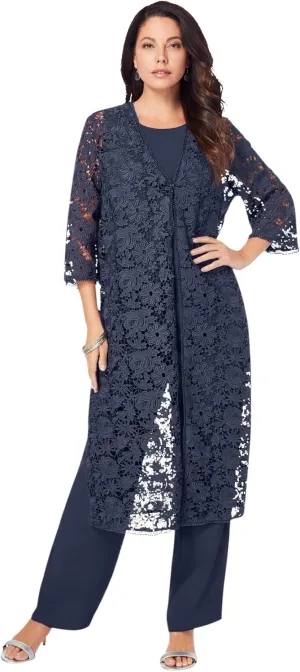 Roaman's Women's Plus Size Three-Piece Lace Duster & Pant Suit