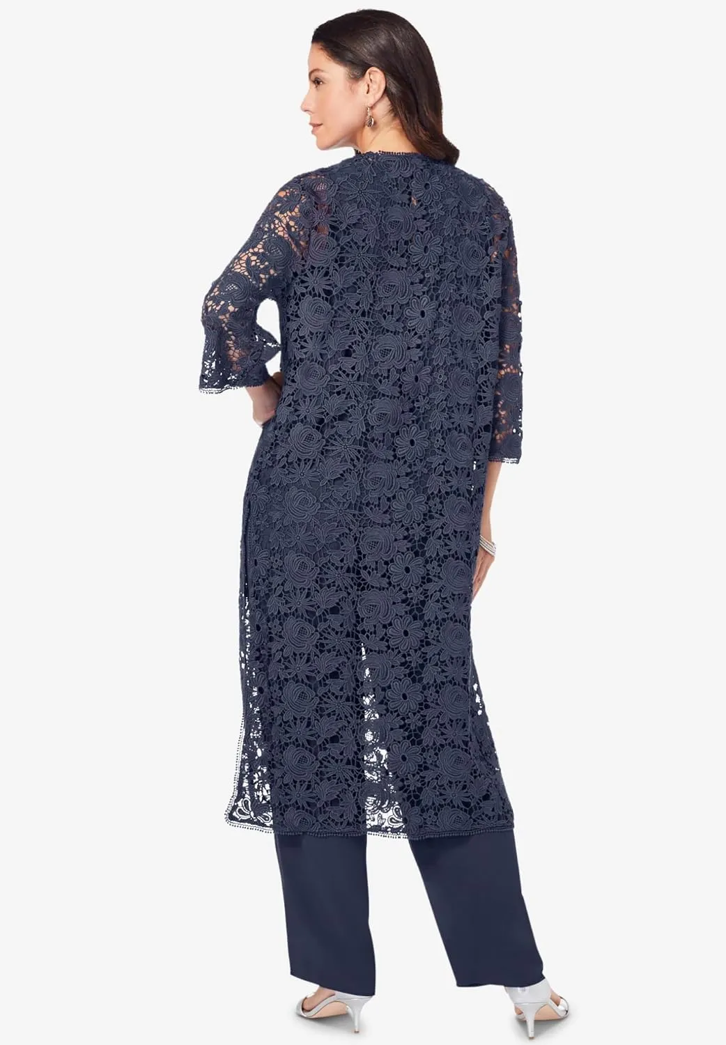 Roaman's Women's Plus Size Three-Piece Lace Duster & Pant Suit
