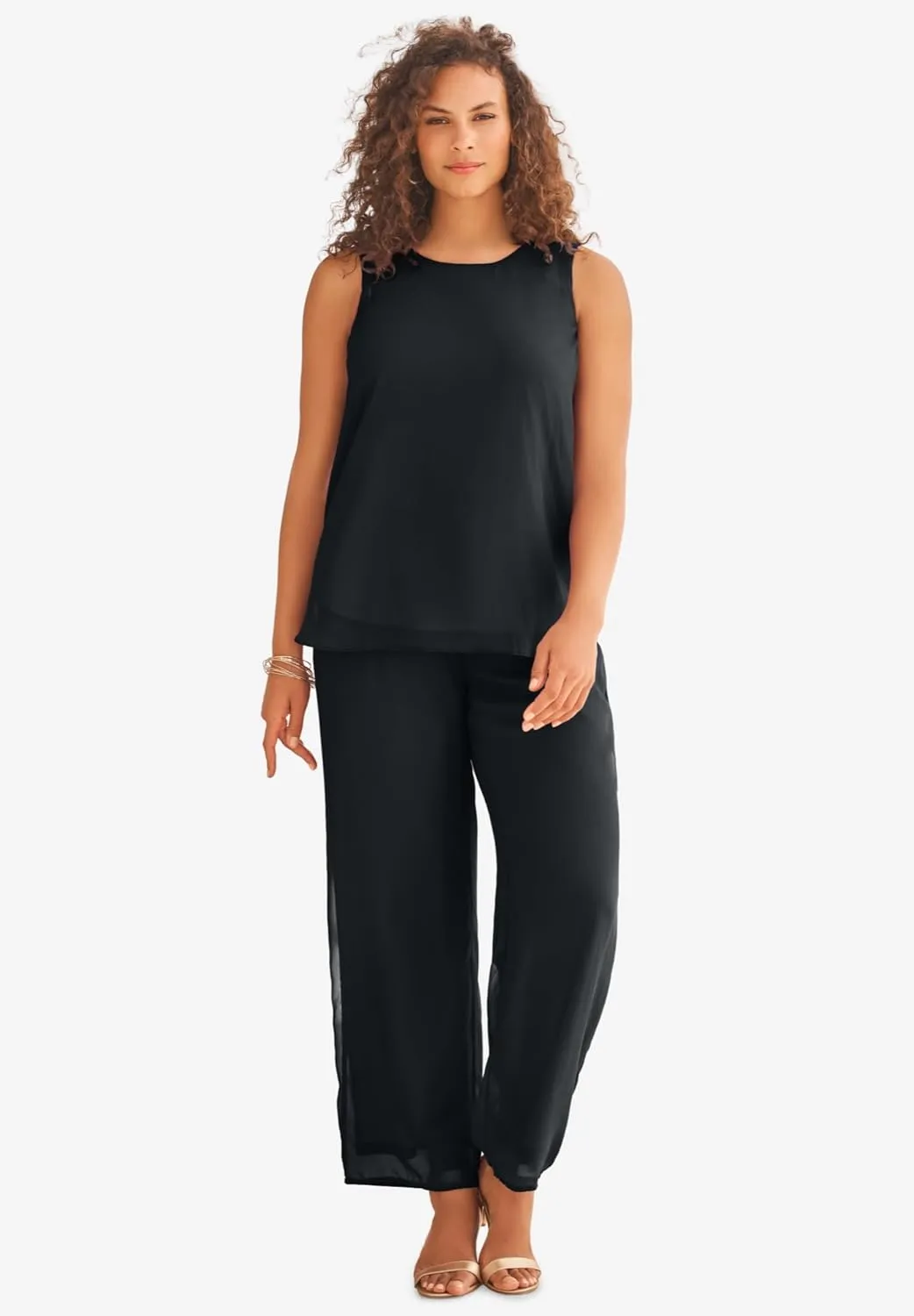 Roaman's Women's Plus Size Three-Piece Lace Duster & Pant Suit