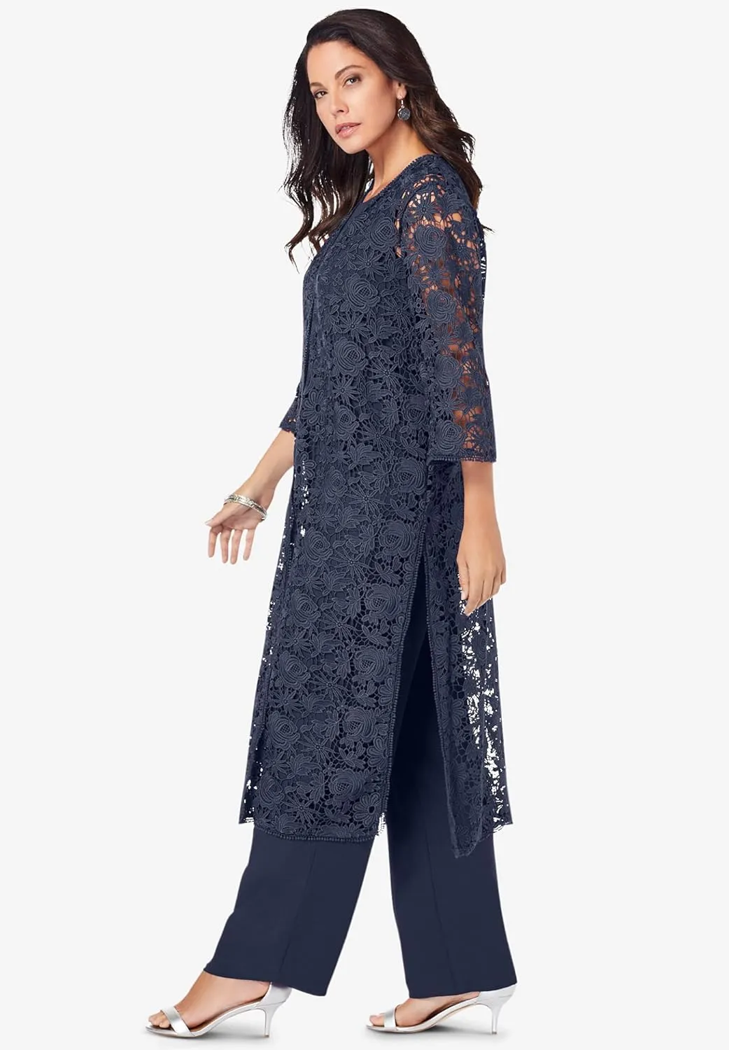 Roaman's Women's Plus Size Three-Piece Lace Duster & Pant Suit