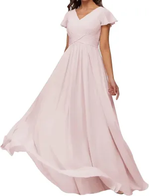 Ruffle Sleeve Prom Dresses V Neck Juniors Bridesmaid Dress Pleated Chiffon Formal Evening Maxi Gowns EZ136