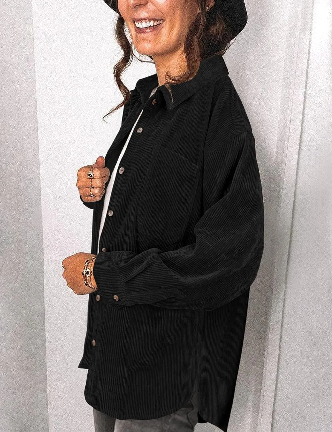 Saslax Womens Corduroy Shirt Long Sleeve Oversized Button Up V Neck Blouses Tops Loose Shacket Jacket