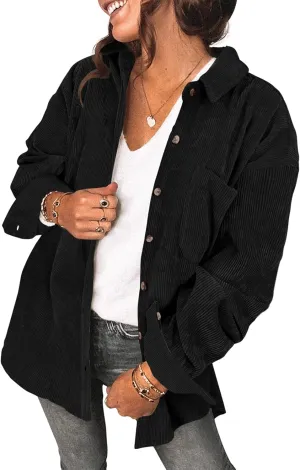 Saslax Womens Corduroy Shirt Long Sleeve Oversized Button Up V Neck Blouses Tops Loose Shacket Jacket
