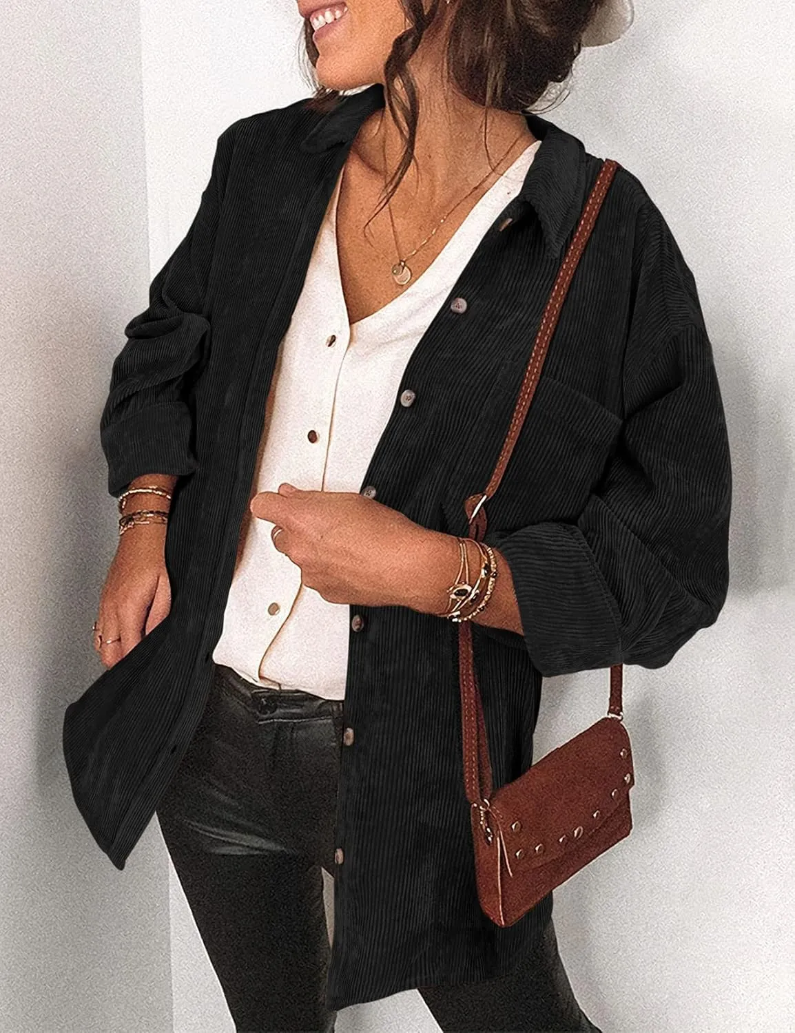 Saslax Womens Corduroy Shirt Long Sleeve Oversized Button Up V Neck Blouses Tops Loose Shacket Jacket