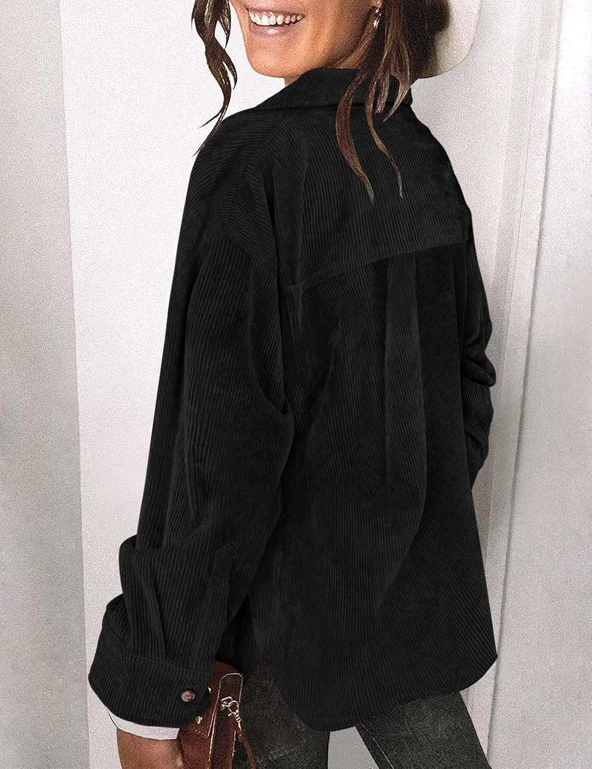 Saslax Womens Corduroy Shirt Long Sleeve Oversized Button Up V Neck Blouses Tops Loose Shacket Jacket