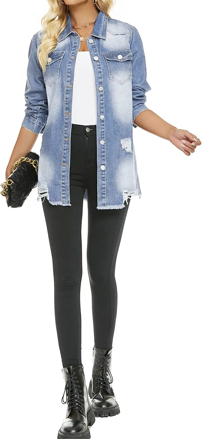 SCOFEEL Women Denim Shirt Jacket Long Sleeve Shacket Coat Distressed Washed Ripped Frayed Hem Jean Jacket