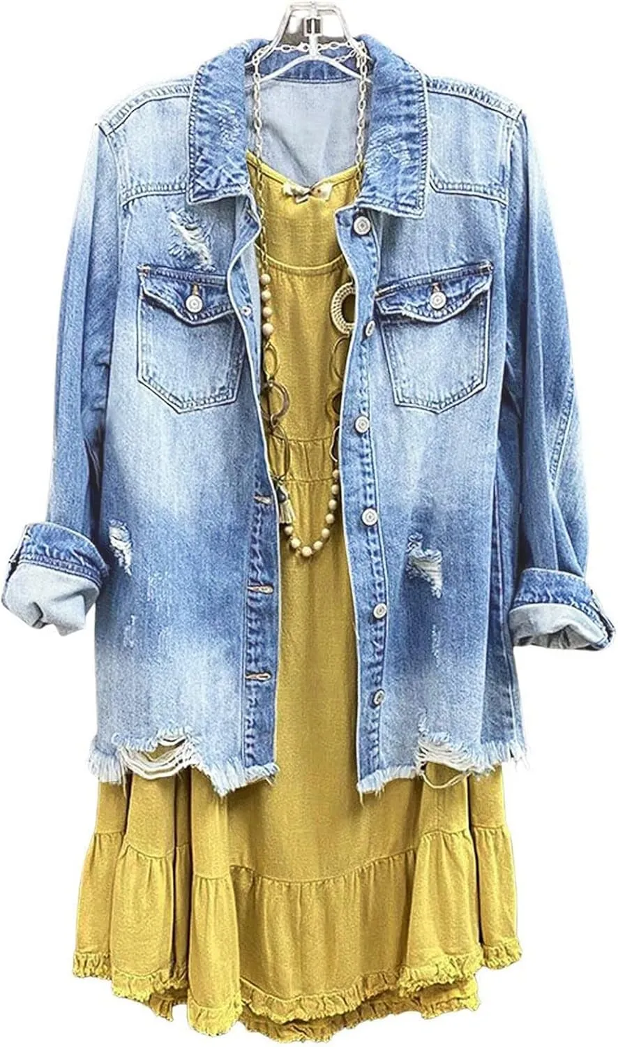 SCOFEEL Women Denim Shirt Jacket Long Sleeve Shacket Coat Distressed Washed Ripped Frayed Hem Jean Jacket