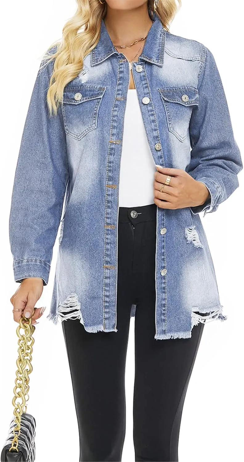 SCOFEEL Women Denim Shirt Jacket Long Sleeve Shacket Coat Distressed Washed Ripped Frayed Hem Jean Jacket