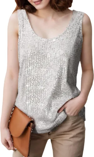 Sequin Sleeveless Tank Tops for Women, Scoop Neck Womens Silver Sparkly top