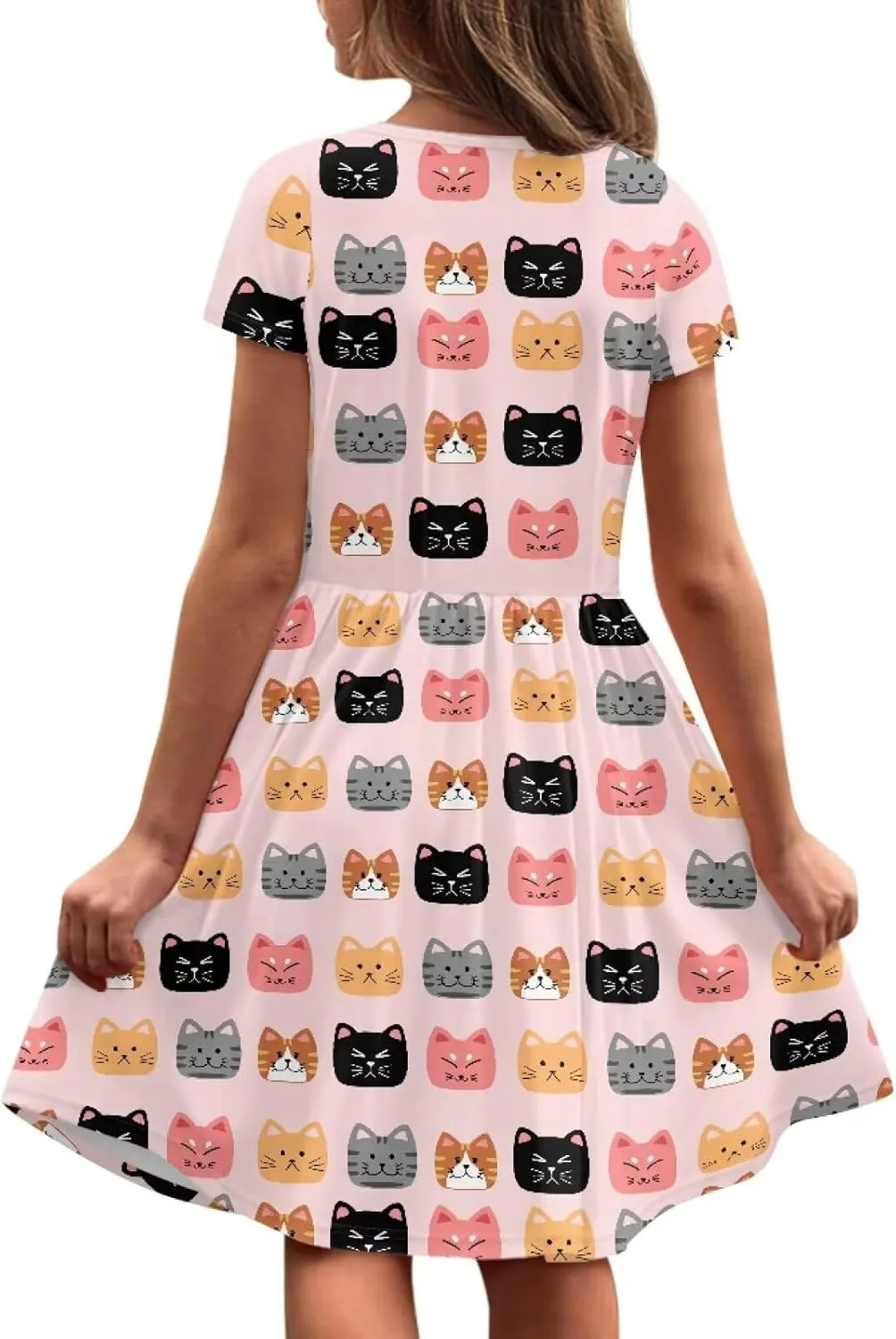 Short Sleeve Children's Dress Summer Dress for Teen Girls with Pocket Round Neckline