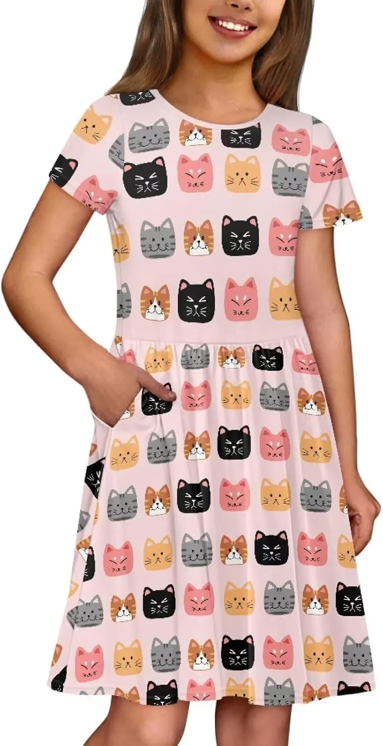 Short Sleeve Children's Dress Summer Dress for Teen Girls with Pocket Round Neckline
