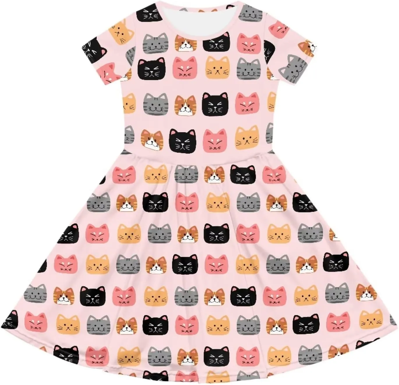 Short Sleeve Children's Dress Summer Dress for Teen Girls with Pocket Round Neckline