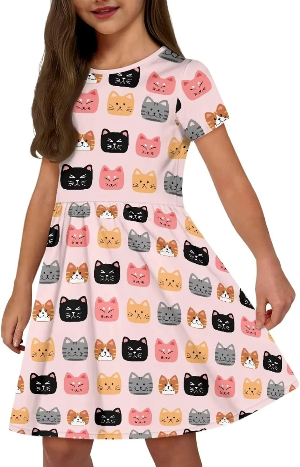 Short Sleeve Children's Dress Summer Dress for Teen Girls with Pocket Round Neckline