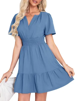 Simplee Women's Summer Beach Wedding Linen Mini Dress Casual Short Sleeve V Neck Empire Waist Flowy Boho Sundress