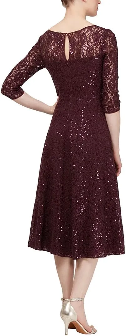 S.L. Fashions Women's Tea Length Three Quarter Sleeve Sequin Lace Dress