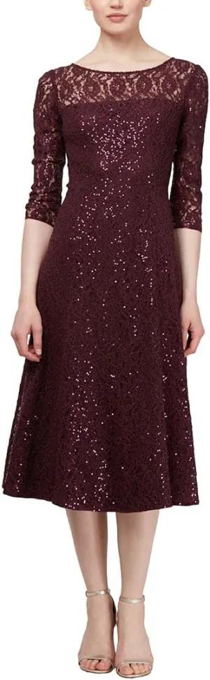 S.L. Fashions Women's Tea Length Three Quarter Sleeve Sequin Lace Dress