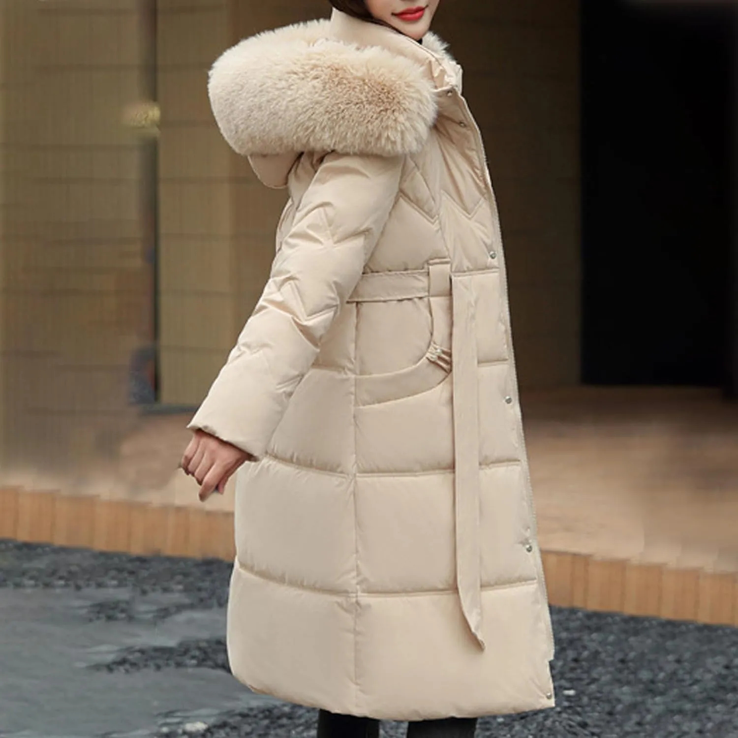 SMIDOW Long Puffer Winter Coat For Women Trendy 2023 Padded Down Jackets Full Zip Up Parka Coats With Faux Fur Hood