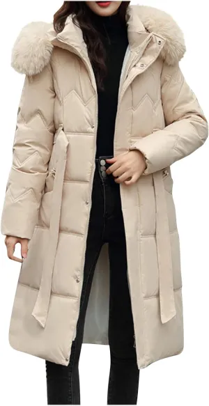 SMIDOW Long Puffer Winter Coat For Women Trendy 2023 Padded Down Jackets Full Zip Up Parka Coats With Faux Fur Hood