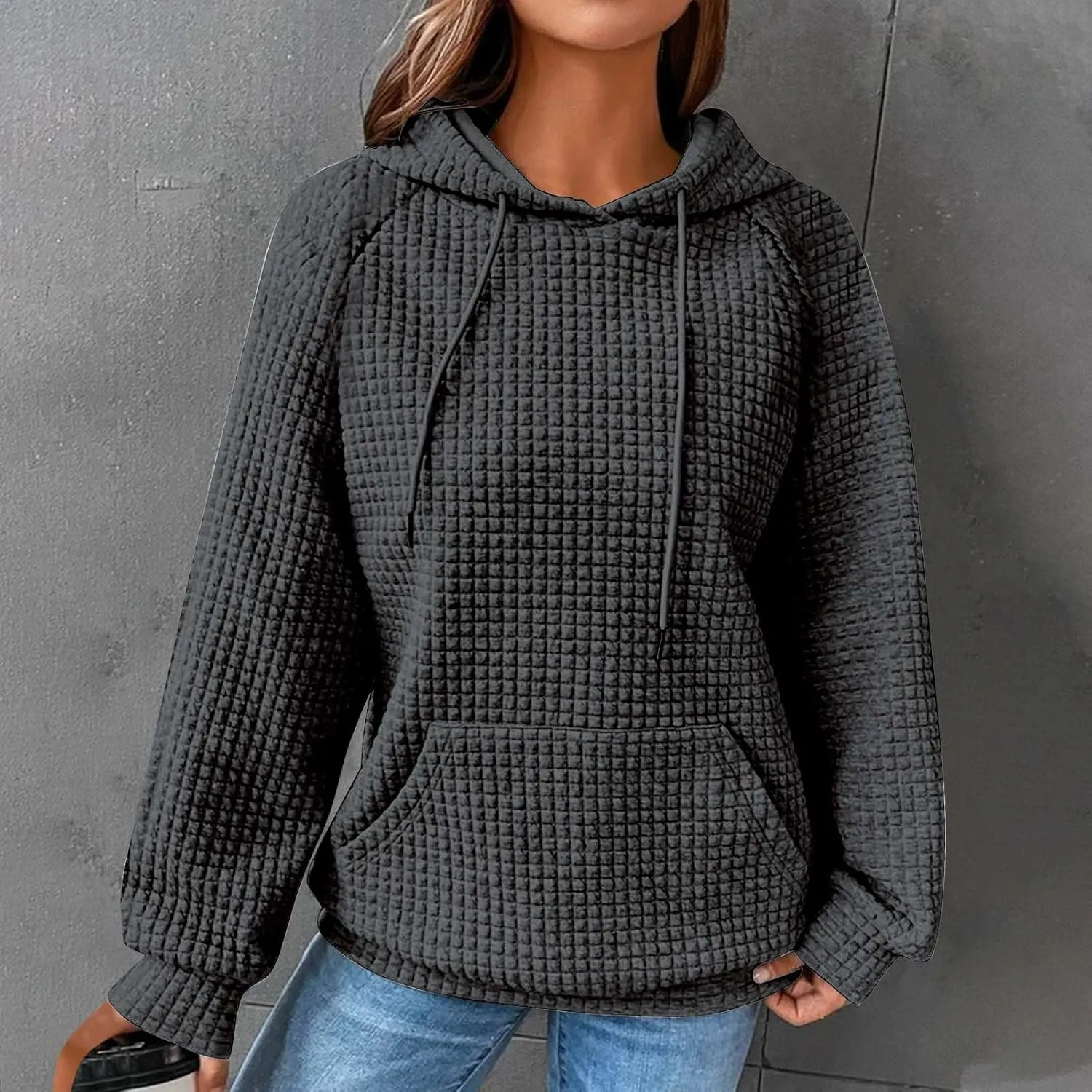 SMIDOW Oversized Hoodies For Women Trendy 2023 Waffle Knit Hooded Sweatshirt Casual Loose Fall Winter Pullover Tops